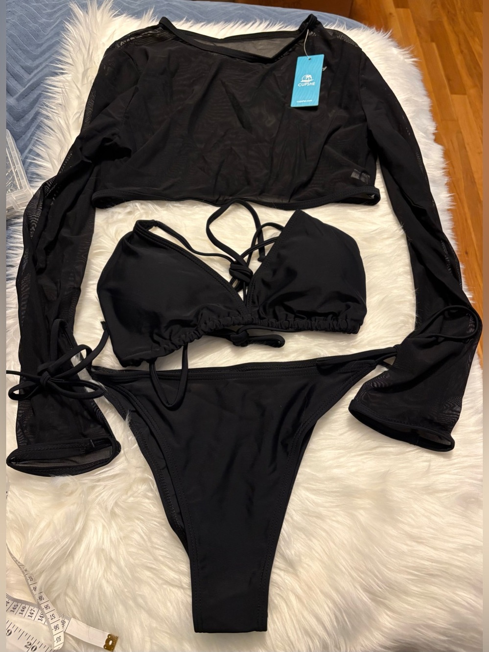 Cupshe NWT Black Three-Piece String Bikini Swim Set with Cover Up Size L